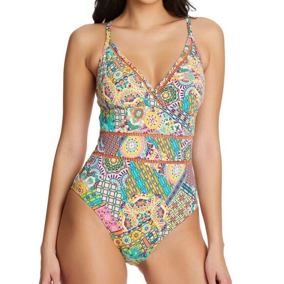 Bleu Rod Beattie Sz 4 Multi Seriously Sunny X-Back Surplice 1-Pc Swimsuit - Picture 7 of 8